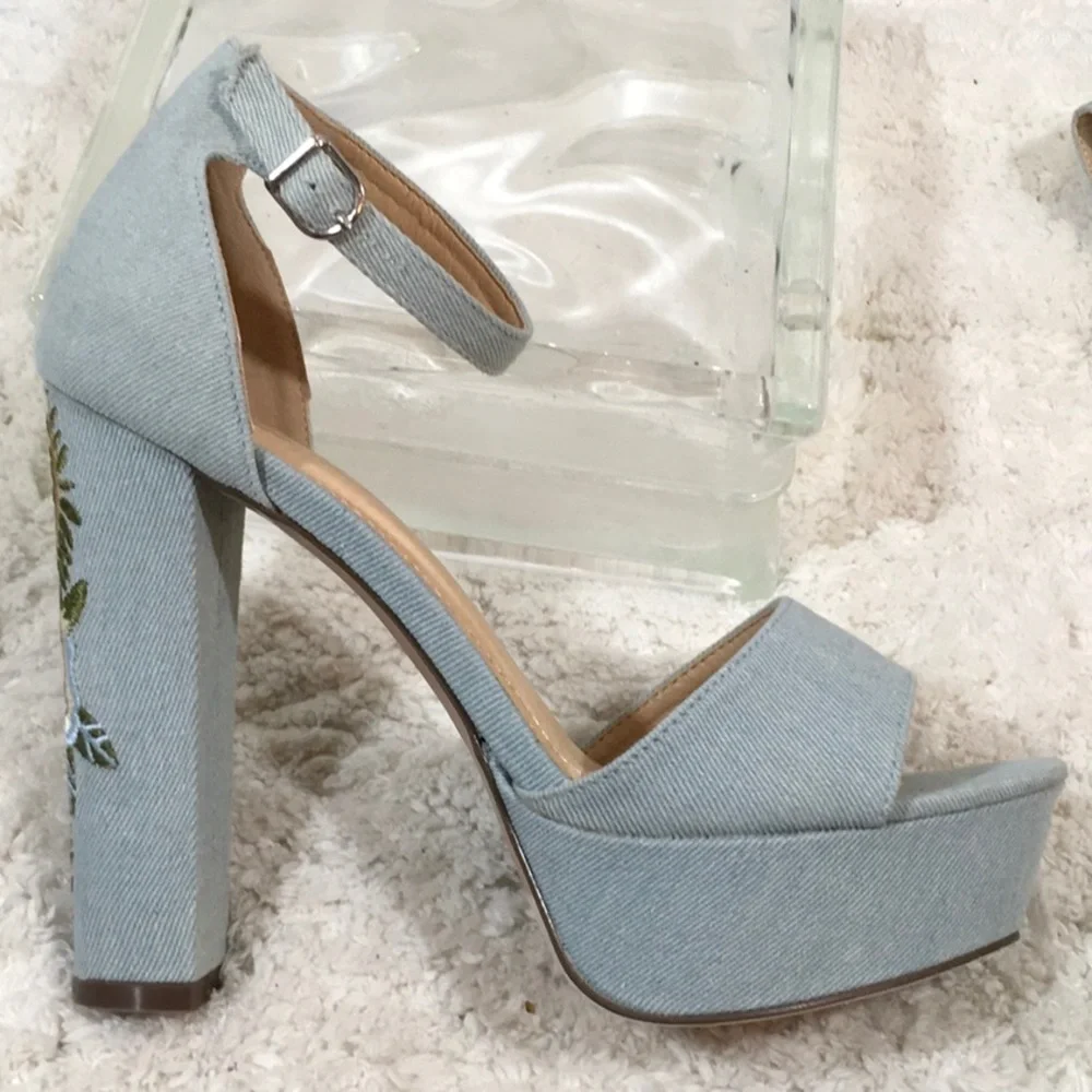 Jacobies denim embroidered platform heels